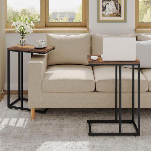 Table Bout De Canapé De Salon En Métal Et Mdf, 45x25x63,5cm, Marron Rustique + Noir