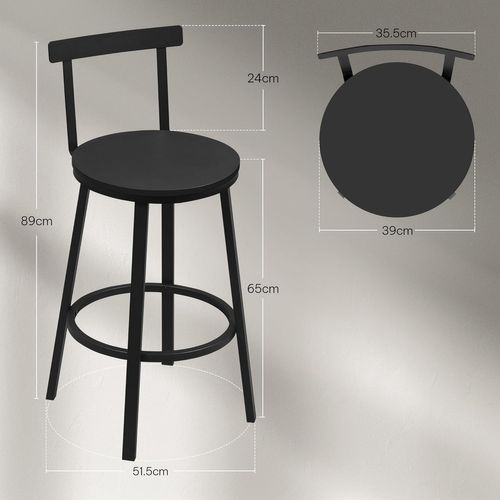 Lot De 2 Tabouret De Bar Avec Repose-pieds Et Dossier, Tabouret Haut, Siège En Mdf, Noir