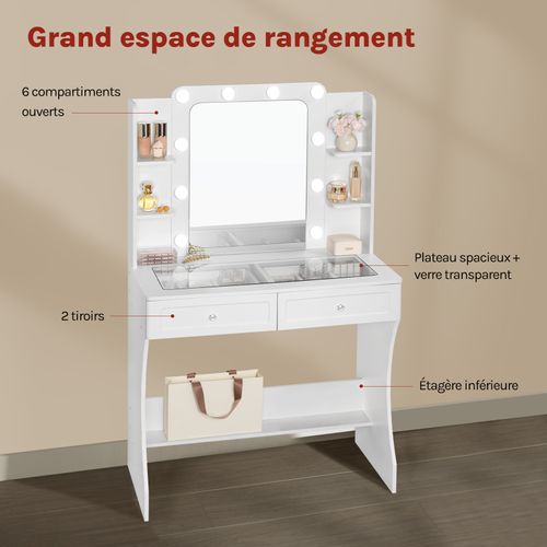 Coiffeuse Avec Miroir LED Réglable, Table De Maquillage Avec 2 Tiroirs Et 9 Cubes, Blanc