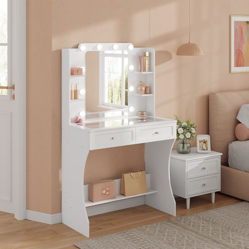 Coiffeuse Avec Miroir LED Réglable, Table De Maquillage Avec 2 Tiroirs Et 9 Cubes, Blanc