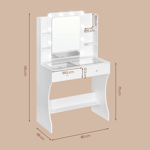 Coiffeuse Avec Miroir LED Réglable, Table De Maquillage Avec 2 Tiroirs Et 9 Cubes, Blanc