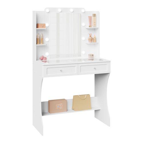 Coiffeuse Avec Miroir LED Réglable, Table De Maquillage Avec 2 Tiroirs Et 9 Cubes, Blanc