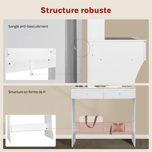 Coiffeuse Avec Miroir LED Réglable, Table De Maquillage Avec 2 Tiroirs Et 9 Cubes, Blanc