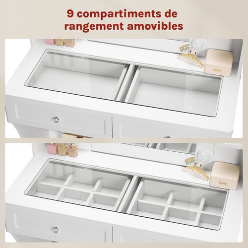 Coiffeuse Avec Miroir LED Réglable, Table De Maquillage Avec 2 Tiroirs Et 9 Cubes, Blanc