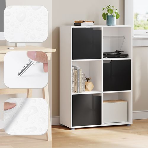 Bibliothèque Étagère De Rangement, Meuble Cube 59,6x29x91cm, En MDF, Avec 3 Portes, Blanc+Noir