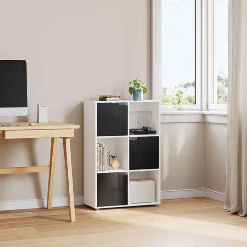 Bibliothèque Étagère De Rangement, Meuble Cube 59,6x29x91cm, En MDF, Avec 3 Portes, Blanc+Noir