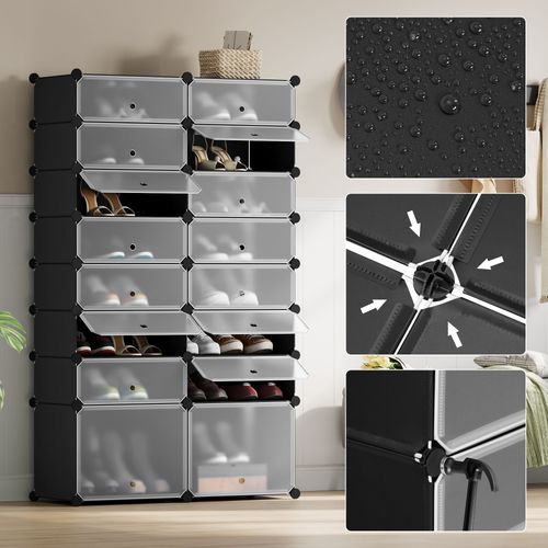 Boîte Rangement Chaussures, Lot De 16, Empilable, Pour 32 Paires, Diy, Avec Portes,en Pp,noir+blanc