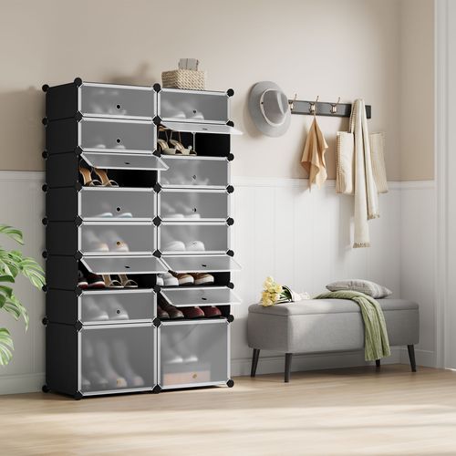 Boîte Rangement Chaussures, Lot De 16, Empilable, Pour 32 Paires, Diy, Avec Portes,en Pp,noir+blanc