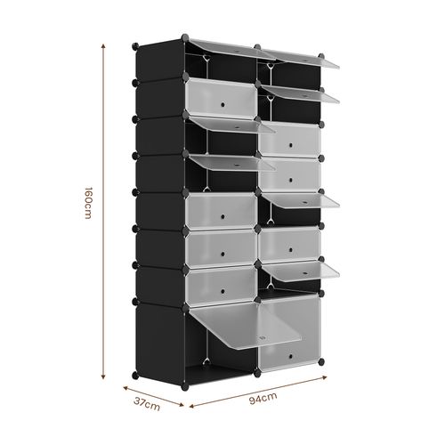 Boîte Rangement Chaussures, Lot De 16, Empilable, Pour 32 Paires, Diy, Avec Portes,en Pp,noir+blanc