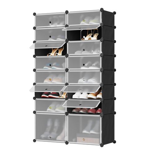Boîte Rangement Chaussures, Lot De 16, Empilable, Pour 32 Paires, Diy, Avec Portes,en Pp,noir+blanc