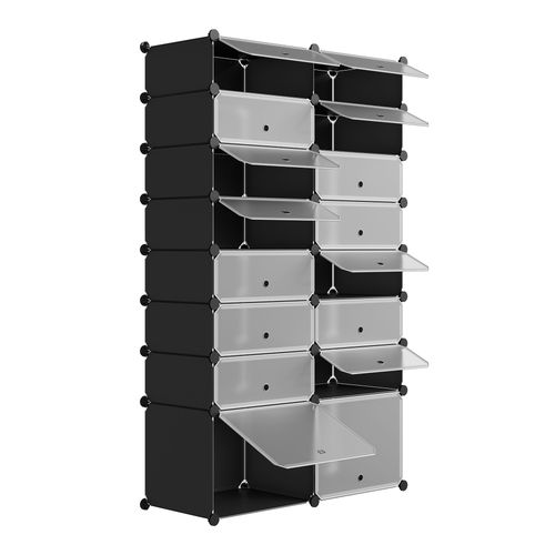 Boîte Rangement Chaussures, Lot De 16, Empilable, Pour 32 Paires, Diy, Avec Portes,en Pp,noir+blanc