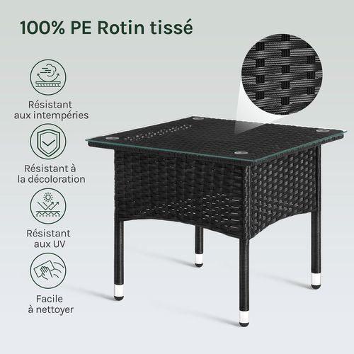 Table De Jardin Extérieure, 50x50x45,5cm,en Aspect Rotin,plateau En Verre Trempé,tables Blacon,noir