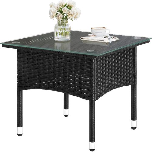 Table De Jardin Extérieure, 50x50x45,5cm,en Aspect Rotin,plateau En Verre Trempé,tables Blacon,noir