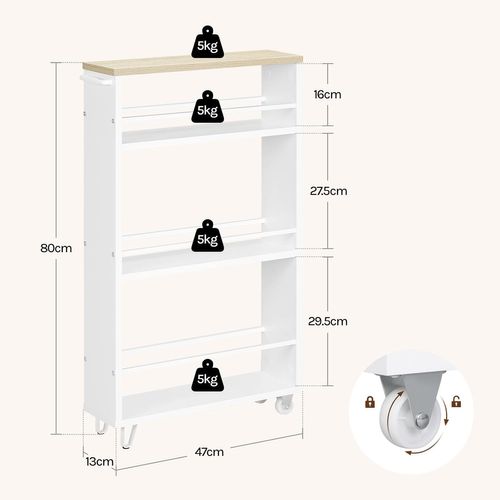 Desserte à Roulettes,desserte Cuisine à 3 Niveaux,avec Poignée+freins,47x80x13cm,chêne Clair+blanc