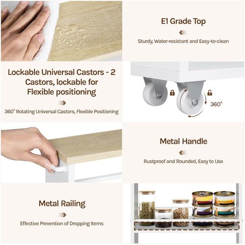 Desserte à Roulettes,desserte Cuisine à 3 Niveaux,avec Poignée+freins,47x80x13cm,chêne Clair+blanc