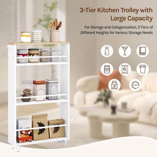 Desserte à Roulettes,desserte Cuisine à 3 Niveaux,avec Poignée+freins,47x80x13cm,chêne Clair+blanc