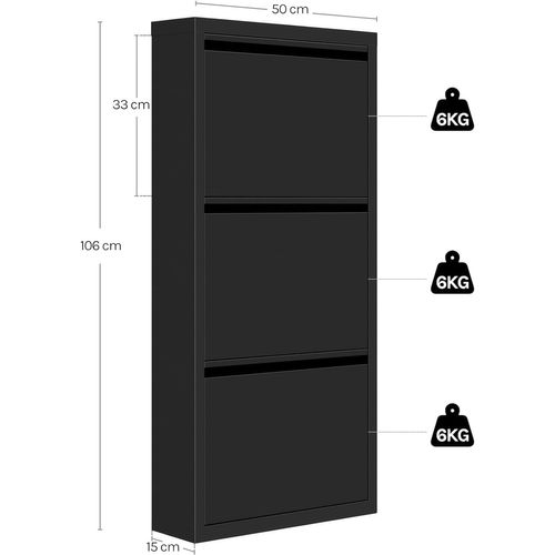 Pack De 2 Armoire à Chaussures, 18 Paires, 3 Compartiments, Porte Abattante, Noir, 50x15x106 Cm