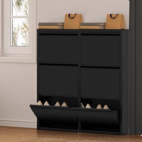 Pack De 2 Armoire à Chaussures, 18 Paires, 3 Compartiments, Porte Abattante, Noir, 50x15x106 Cm