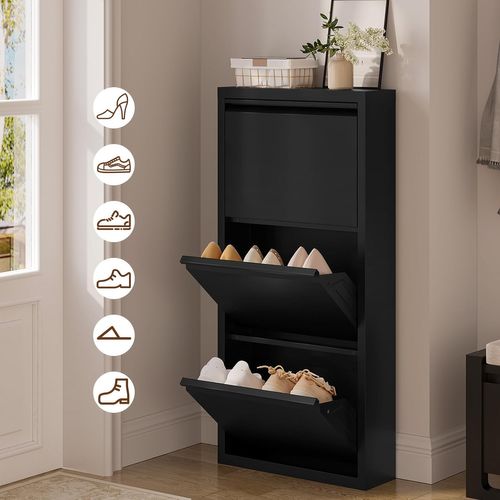 Pack De 2 Armoire à Chaussures, 18 Paires, 3 Compartiments, Porte Abattante, Noir, 50x15x106 Cm