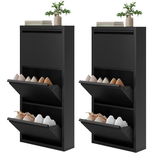 Pack De 2 Armoire à Chaussures, 18 Paires, 3 Compartiments, Porte Abattante, Noir, 50x15x106 Cm