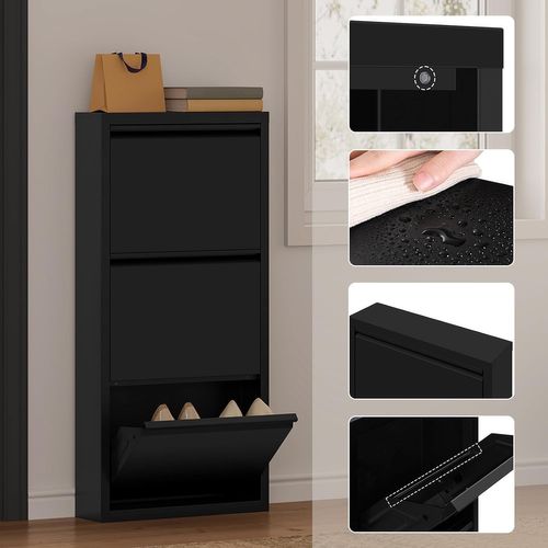Pack De 2 Armoire à Chaussures, 18 Paires, 3 Compartiments, Porte Abattante, Noir, 50x15x106 Cm