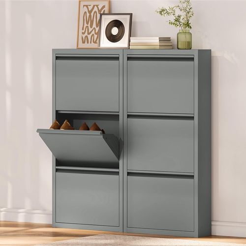 Pack De 2 Armoire à Chaussures, 18 Paires, 3 Compartiments, Porte Abattante, Gris Clair,50x15x106cm