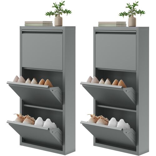 Pack De 2 Armoire à Chaussures, 18 Paires, 3 Compartiments, Porte Abattante, Gris Clair,50x15x106cm