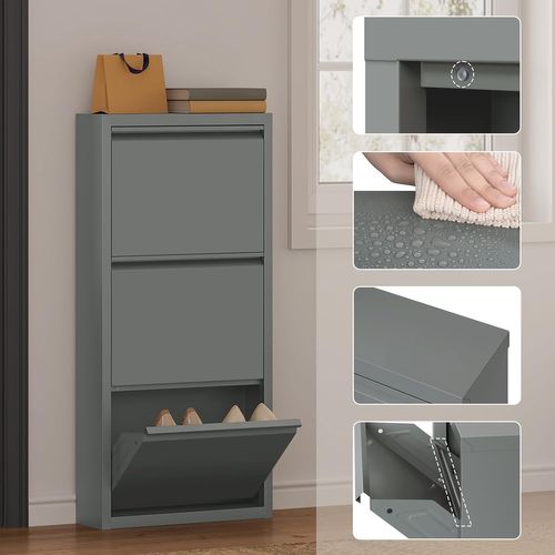 Pack De 2 Armoire à Chaussures, 18 Paires, 3 Compartiments, Porte Abattante, Gris Clair,50x15x106cm