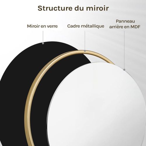 Miroir Rond, Miroir Mural, Cadre En Métal Doré, Φ70 Cm, Verre Clair Avec Panneau Arrière En Mdf