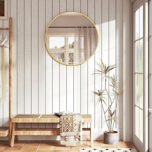 Miroir Rond, Miroir Mural, Cadre En Métal Doré, Φ70 Cm, Verre Clair Avec Panneau Arrière En Mdf