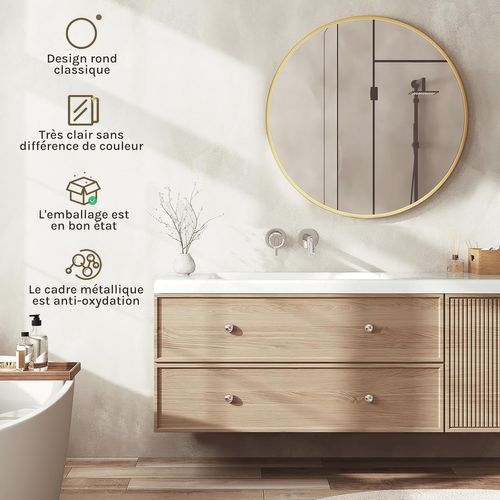 Miroir Rond, Miroir Mural, Cadre En Métal Doré, Φ70 Cm, Verre Clair Avec Panneau Arrière En Mdf