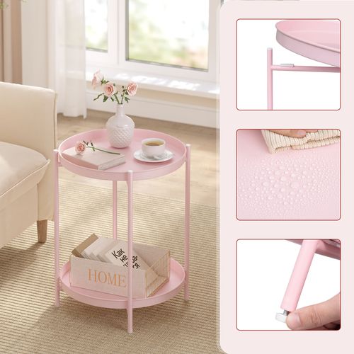 Table Basse Ronde, Table D'appoint, Table Salon, Avec 2 Plateaux Amovibles, En Métal, Rose