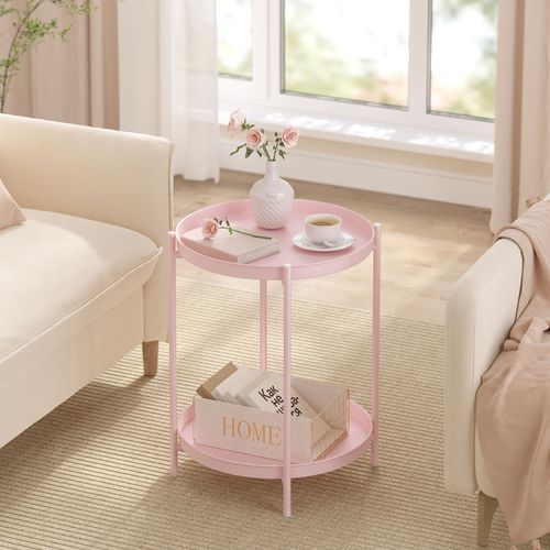 Table Basse Ronde, Table D'appoint, Table Salon, Avec 2 Plateaux Amovibles, En Métal, Rose