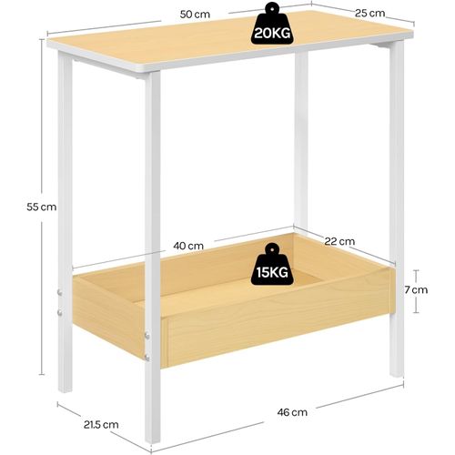 Table Basse Avec Rangement, Table D'appoint à 2 Étagères, En Métal Et Bois Artificiel, 50x55x25cm