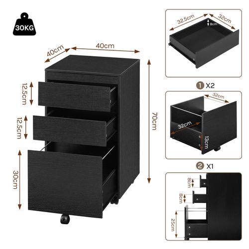 Caisson Bureau Mobile, Meuble Rangement Sur Roulettes, Avec 3 Tiroirs, Noir, 40x40x70cm
