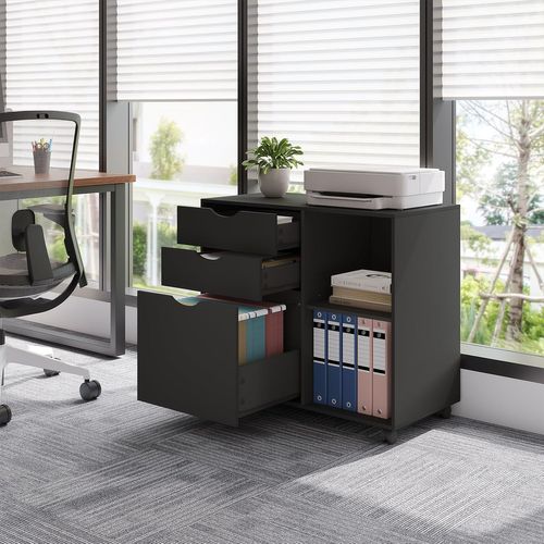 Caisson De Bureau Avec 3 Tiroirs+2 Compartiments Ouverts,en Bois D'ingénierie,80x39,5x69,5cm,noir