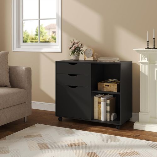 Caisson De Bureau Avec 3 Tiroirs+2 Compartiments Ouverts,en Bois D'ingénierie,80x39,5x69,5cm,noir