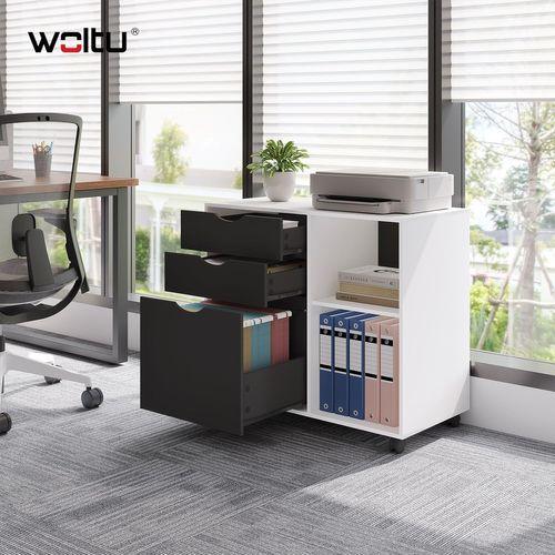 Caisson De Bureau Avec 3 Tiroirs Et 2 Compartiments,en Bois D'ingénierie,80x39,5x69,5cm,blanc+noir