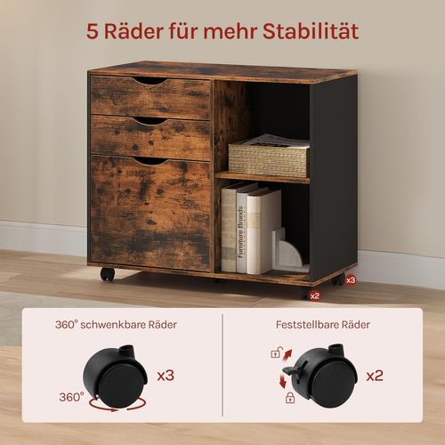 Caisson Bureau Avec 3 Tiroirs+2 Compartiments,en Bois D'ingénierie,80x39,5x69,5cm,marron Rustique