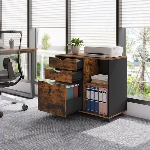 Caisson Bureau Avec 3 Tiroirs+2 Compartiments,en Bois D'ingénierie,80x39,5x69,5cm,marron Rustique