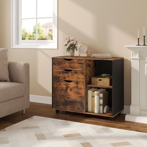 Caisson Bureau Avec 3 Tiroirs+2 Compartiments,en Bois D'ingénierie,80x39,5x69,5cm,marron Rustique