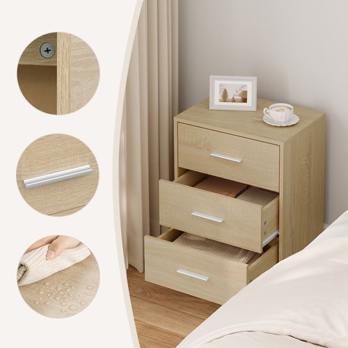 Lot De 2 Tables De Chevet, Commodes à 3 Tiroirs, En Bois D'ingénierie, Chêne Clair, 39x28x54cm