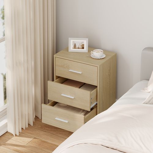 Lot De 2 Tables De Chevet, Commodes à 3 Tiroirs, En Bois D'ingénierie, Chêne Clair, 39x28x54cm