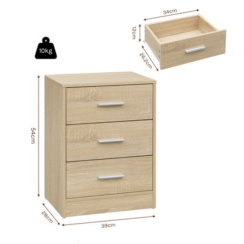 Lot De 2 Tables De Chevet, Commodes à 3 Tiroirs, En Bois D'ingénierie, Chêne Clair, 39x28x54cm