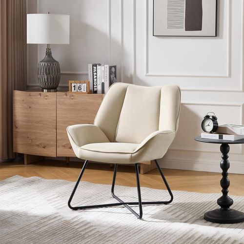 Fauteuil Relax, Fauteuil Salon Rembourré, Fauteuil Scandinave, Pieds En Métal, En Lin, Beige