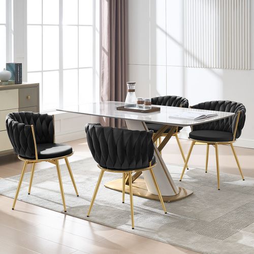 Lot De 4 Chaises Salle à Manger,Pivotante,Rembourrées En Vélours,Dossier Tissé,Pieds En Métal,Noir