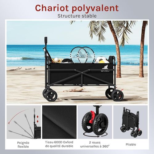 Chariot De Jardin Pliable, Chariot à Roulettes Pour Camping, Plage, En Tissu Oxford+métal, Noir