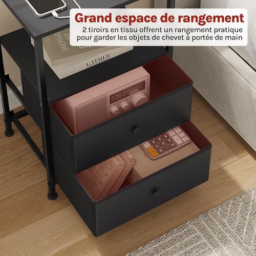 Table De Chevet Avec Prises,éclairage LED,2 Tiroirs En Tissu Et Compartiment Ouvert,noir,métal+mdf