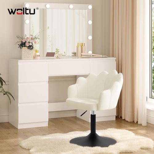 Chaise De Coiffeuse, Fauteuil Pivotant En Velours, Réglable En Hauteur, Dossier Pétale, Crème