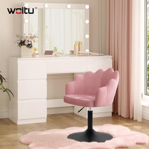 Chaise De Coiffeuse, Fauteuil Pivotant En Velours, Réglable En Hauteur, Dossier Pétale, Rose